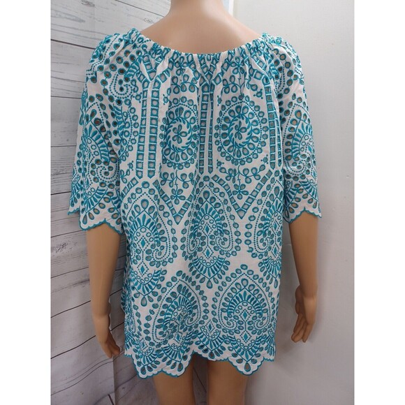 Chicos 2 Top Teal Blue Eyelet Cold Shoulder Short Zig Zag Sleeve Blouse M - Picture 6 of 11